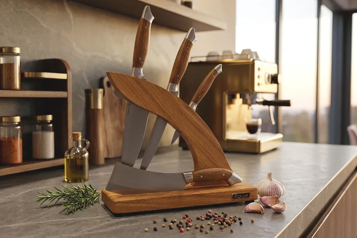 Набор из 3-х кухонных ножей и тяпки серии "Рататуй" с подставкой. Сталь 95х18. Рукоять Дуб.